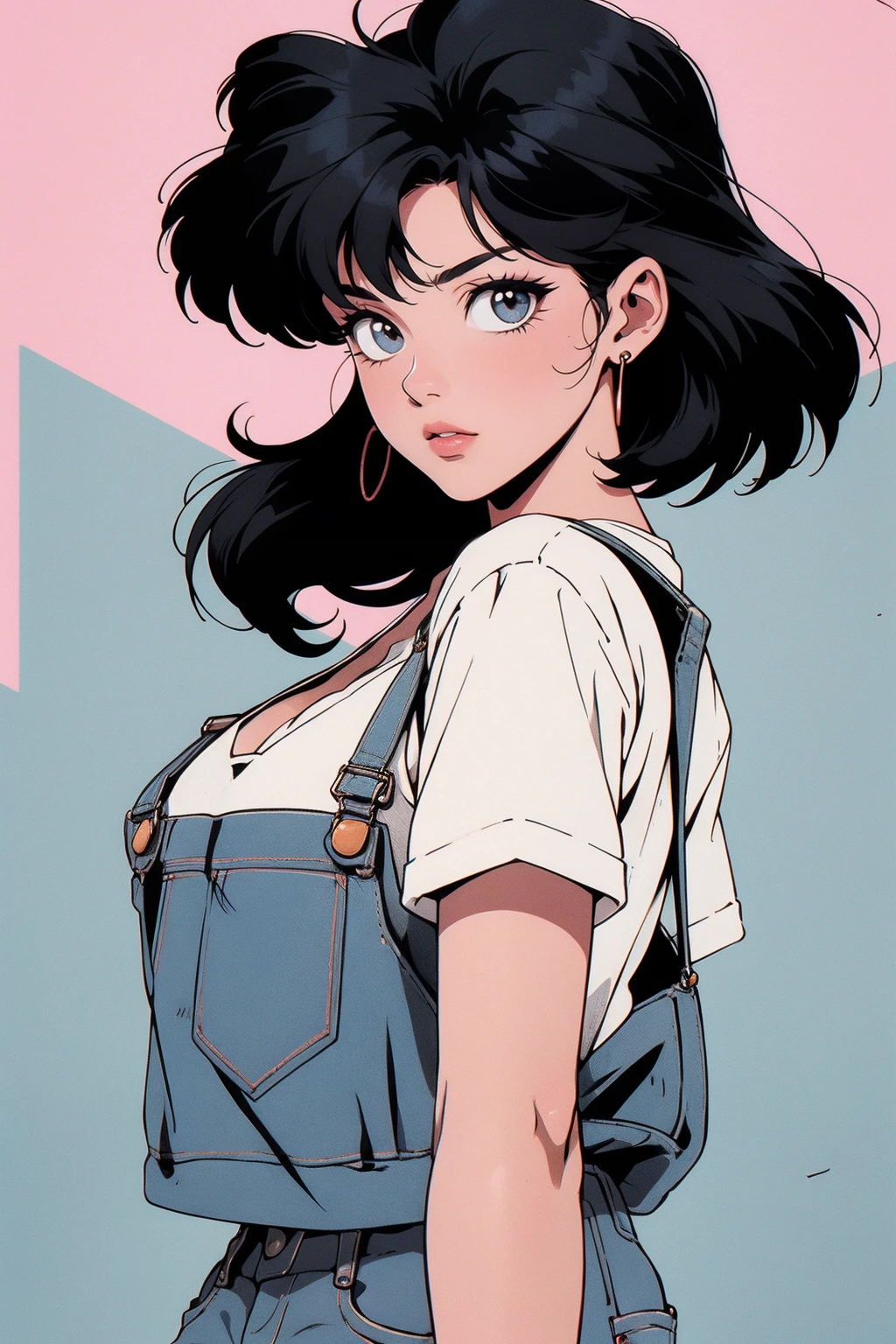 anime girl, 90s anime, vintage classic anime aesthetic, pink overalls, white shirt, short overalls, long black hair, cleavage, dinamic poses, backwards, looking back