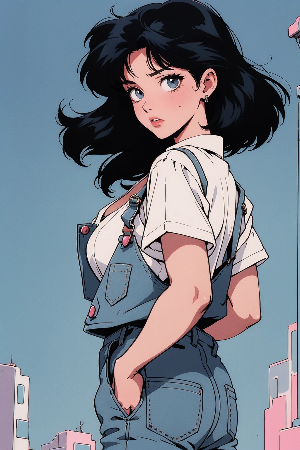 anime girl, 90s anime, vintage classic anime aesthetic, pink overalls, white shirt, short overalls, long black hair, cleavage, dinamic poses, backwards, looking back