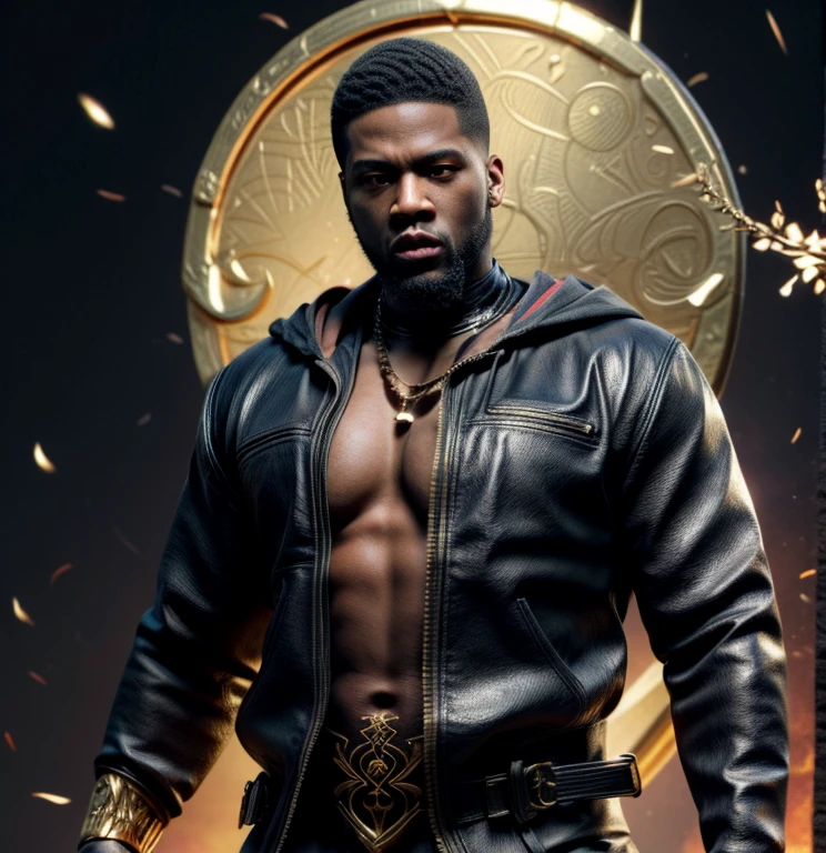 Strong blessed Warrior soul embodiment of peace, love, patience, bravery, courage, compassion, confidence, masculine, cancer sun, zodiac, Sagittarius moon in natal chart, Libra ascendant, man, Deep dark Blue hazey aura flowing around body, black man, brown skin, attractive, muscular, warm radiant essence, divine presence, Godly, Divine, grace, high resolution photo, 4k, 8k, high quality, anime, hetero, straight, dark haircut, Jay Z Style of clothing, 50 Cent energy, Hip Hop, son of Rhea Ripley, genetics, African American, melanin skin, full beard, vibrant brown pupils, Named Kristopher Lafayette Royal Daniel