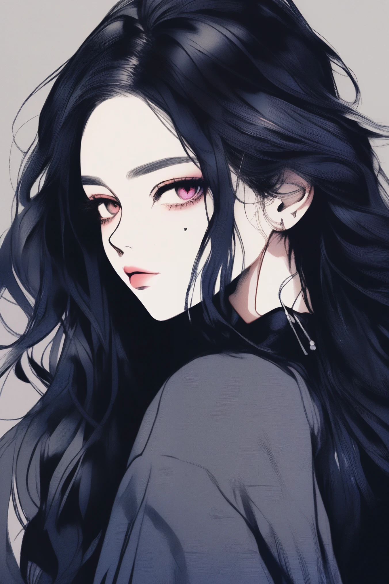 (best quality, sketch:1.2), epic realistic,illustrator,anime,1 girl, detailed lips,custom, (background dark monochrome),textured cropping, hdr, details masterpiece, style retro classic, rainbow colour, art, (kare cascade hair (black:1.75) [neon:1.32]), mona Genshin character 