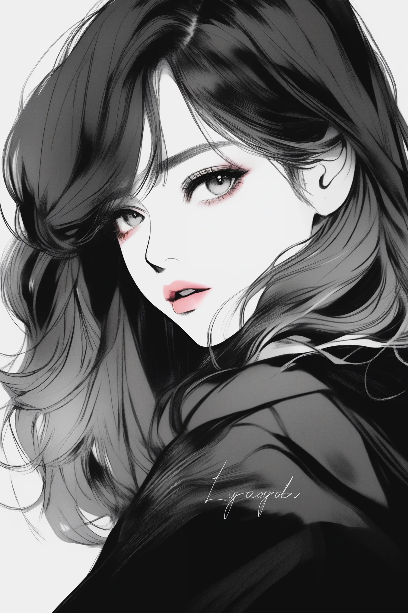 (best quality, sketch:1.2), epic realistic,illustrator,anime,1 girl, detailed lips,custom, (background dark monochrome),textured cropping, hdr, details, masterpiece, style retro classic, rainbow colour gradient, art, (kare cascade hair (black:1.75) [neon:1.32])