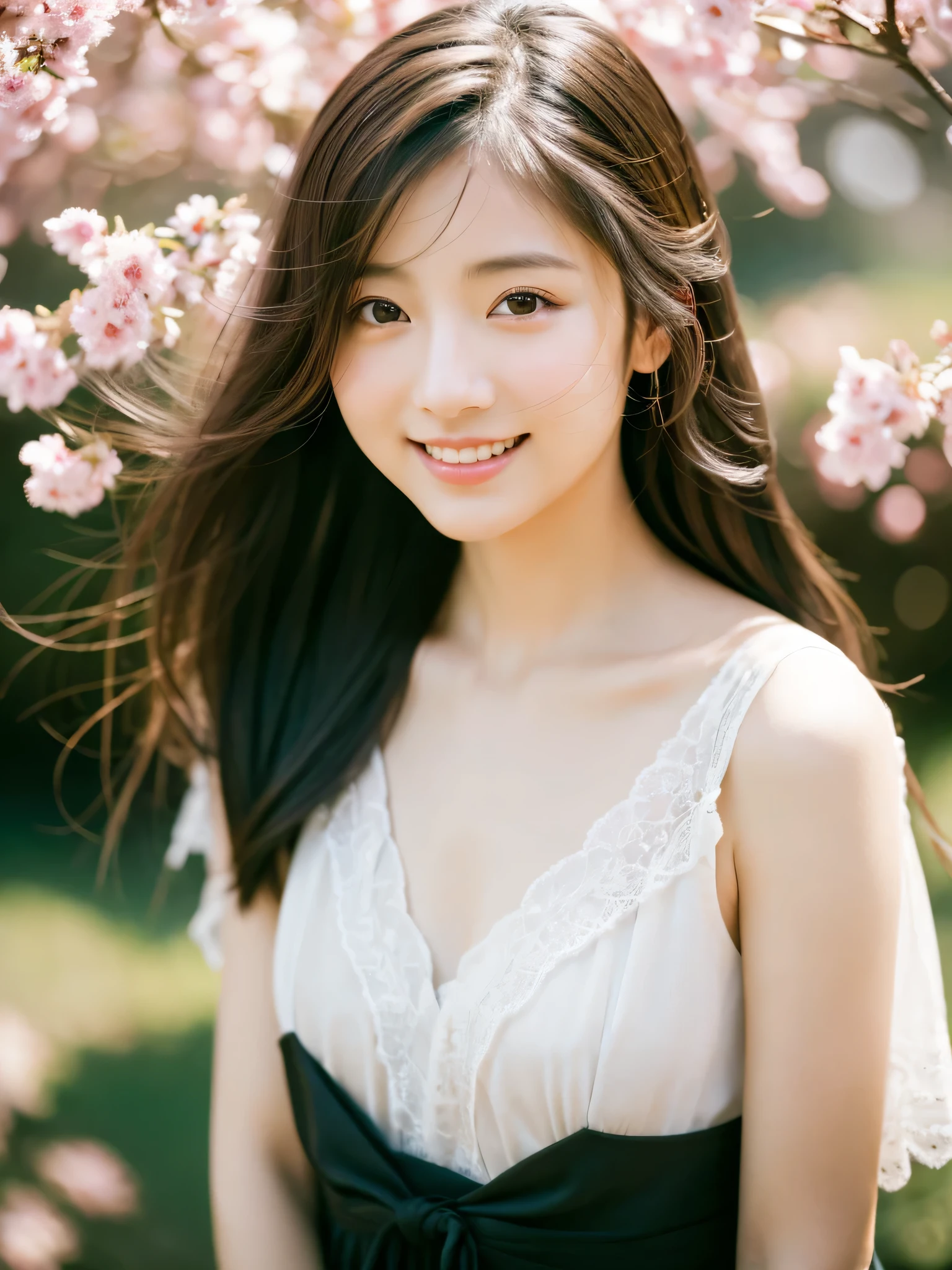 masterpiece,highest quality,Ultra-high resolution:1.2,Realistic,8K Raw Photo:1.5, (Realistic:1.4)、One girl,nude,Beautiful breasts,Pink nipples,Black choker,smile,Exposing shoulders、Focus Only,View Viewer,Fair skin,sunset,cherry blossoms,Photon Mapping,Physically Based Rendering,RAW Photos,Highly detailed background、J-Pop Idol、Depth of written boundary,cherry blossoms,hair ornaments,Detailed face,Shiny skin,whole body, 