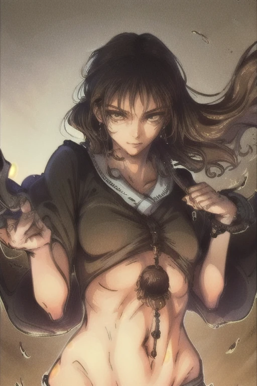 ((best quality)), ((masterpiece)), (detailed), perfect face, full body,fighting_stance, cursed energy. looking at viewer,smile,nudef, brown hair, brown eyes, long hair, looking at viewer, solo, upper body, closed mouth, small breasts, kimono, fighting, red cursed energy, determined look