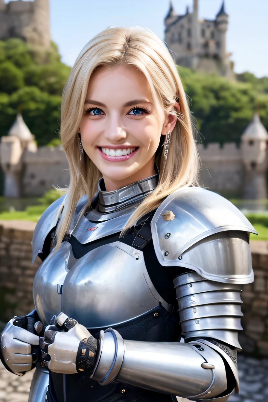 8K、highest quality、female knight、The background is a castle、Luxurious Silver Armor、heavy equipment、hairstyle shortcut、smile、beautiful teeth、full body photo、ear piercing、blonde、white woman、blue eyes、