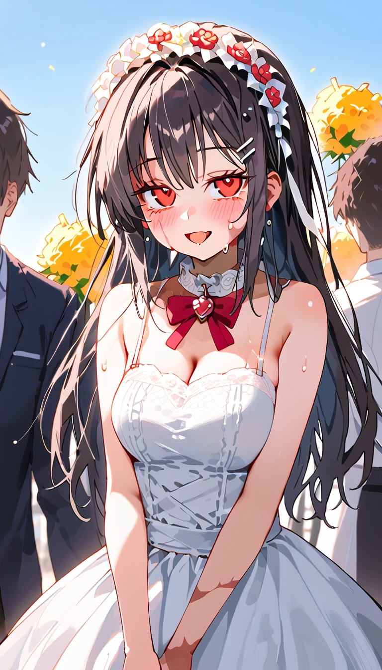 one girl, (red eyes:1.3), heart in the eyes, collar, big breasts, dark gray hair, long hair, bags under eyes, scar, burn scar, side shot, adorable, My cheeks turned red, Dementia smile, close your eyes, open your mouth, White lace mini skirt wedding dress, have flowers, Wet skirt hem, Sticky panties, white lace stockings, Wedding Food, (full body figure), throw, highest quality, rough skin, masterpiece, UHD, 8K