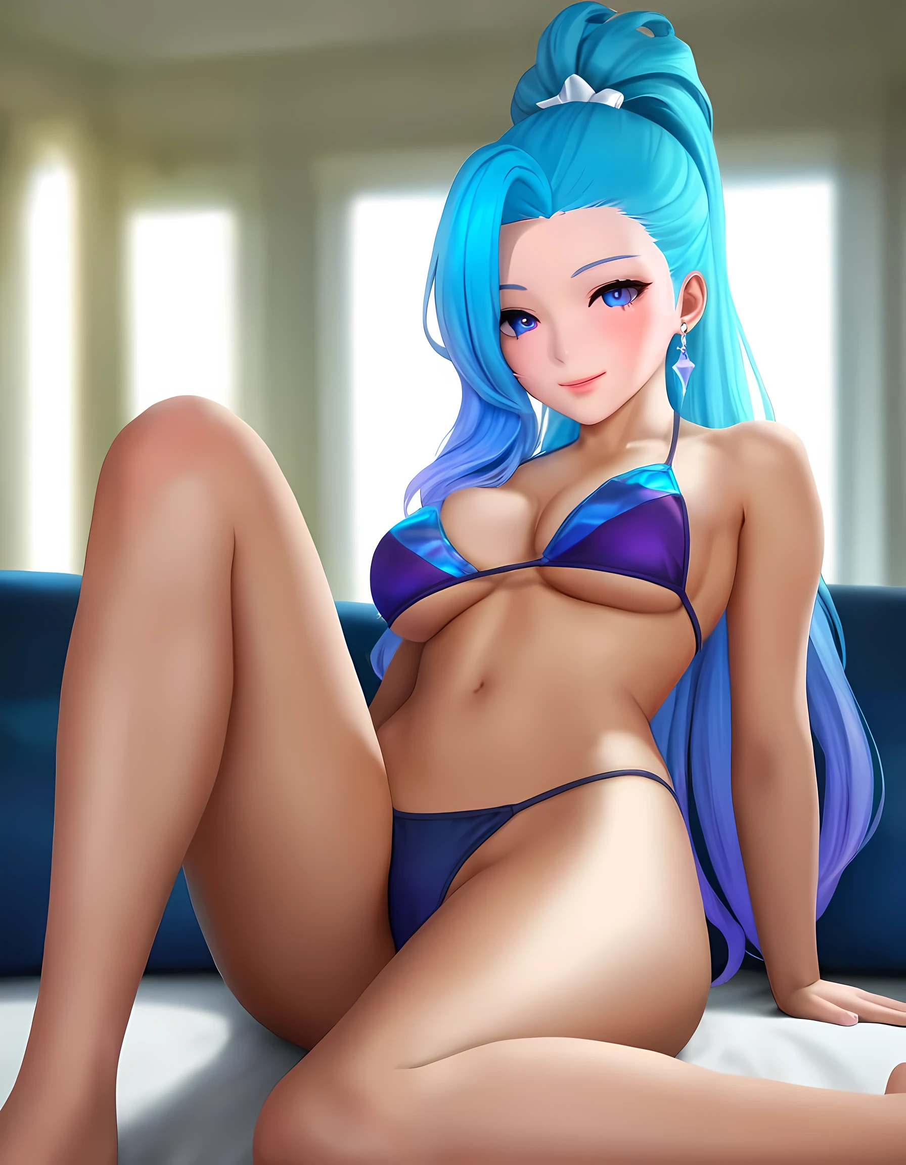 anime, beautiful, (masterpiece), best quality, (extremely detailed face), extremely detailed eyes, perfect lighting, very_detailed_eyes, detailed, deep skin, textured skin, simple background, indoors, 1girl, solo, long_hair, long hair, ponytail ,Attire_kda_seraphine, Seraphine, k/da Seraphine, Blue hair, beautiful face, detailed face, bikini, (((bikini))), looking_at_viewer, seductive_smile, anime,,  perfect eyes,