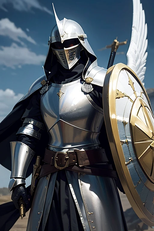 Angel warrior with divine aura wearing a medieval knight armor, a helmet and holding a heavy shield, face hidden behind a mask, battlefield and dark sun scenario
