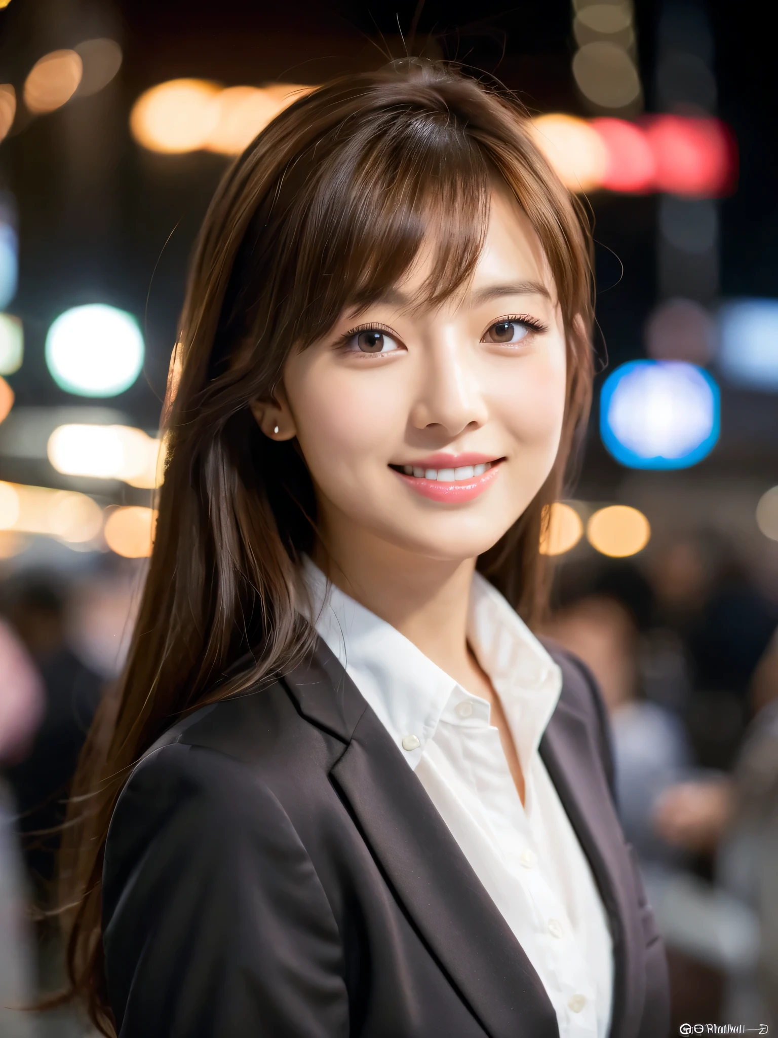 table top、highest quality、genuine、Super detailed、finely、High resolution、8k wallpaper、one beautiful woman、、、light brown disheveled hair、wearing a business suit、sharp focus、perfect dynamic composition、beautiful and detailed eyes、thin hair、Detailed genuine skin texture、smile、close-up portrait、model body shape、In Kyoto at night、On a hill with falling cherry blossoms