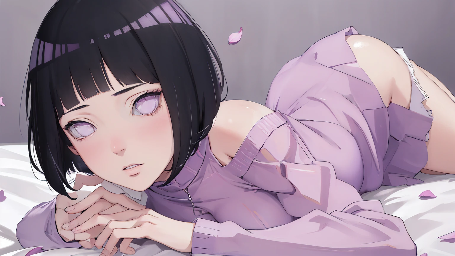 { - anatomy error} (Masterpiece - Ultra-detailed, very high resolution) (huge titusty, masterpiece, absurdres, hinata\(boruto\), 1girl, solo,mature female, off-shoulder bra, high waist black short skirt, looking at viewelling petals), perfect composition, detailed lips, big breast, beautiful face, body propotion, blush, (pink lips), short hair, (black hair), purple eyes, soft gaze, super realistic, detailed, photoshoot, realistic face and body, closed mouth, laying on the bed , Lie on your stomach on the bed, lilac eyes, upper body, lace clothes, with chin resting on shoulder, perfect fingers