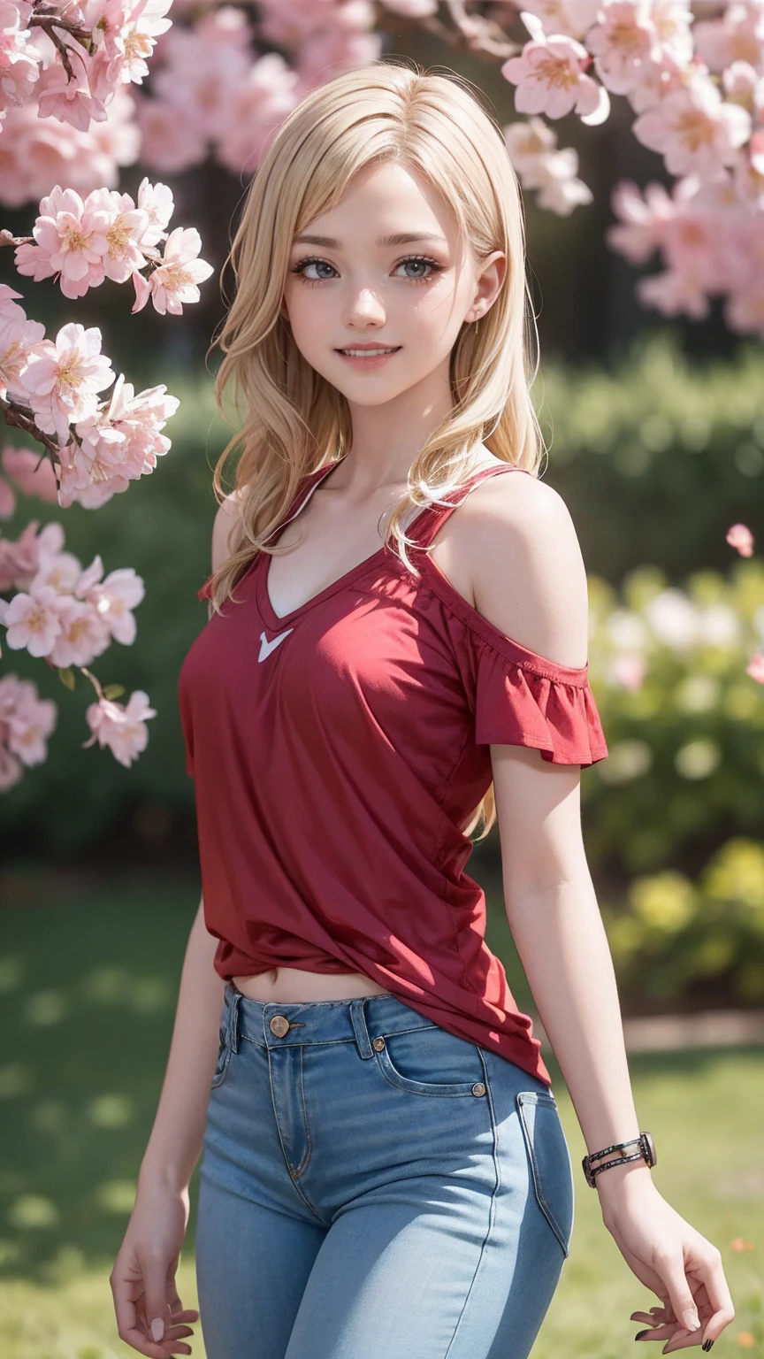 ((最high quality, 8K, masterpiece: 1.3, Ultra HD, high quality, 最high quality, High resolution, realism)) 、(high color saturation:1.0), (highly detailed skin), (最high quality:1.0), (超High resolution:1.0) ,(realistic:1.0), (Super detailed:1.0), (8K, Raw photo:1.1), slender、Slender, muscular body that's toned like an athlete's、I don't want my head to disappear from the screen.、Wear accessories on your wrist、Wearing red nail polish、I have a peticure、25 year old white woman、platinum blonde、long hair、hair is wavy、blue eyes、hair above one eye、smile、smile showing teeth((grin ))、Wear off-the-shoulder tops、Lower milk visible、Wear low-rise skinny jeans、At the lakeside、There is only nature around、Full bloom cherry blossoms、SakuraFubuki