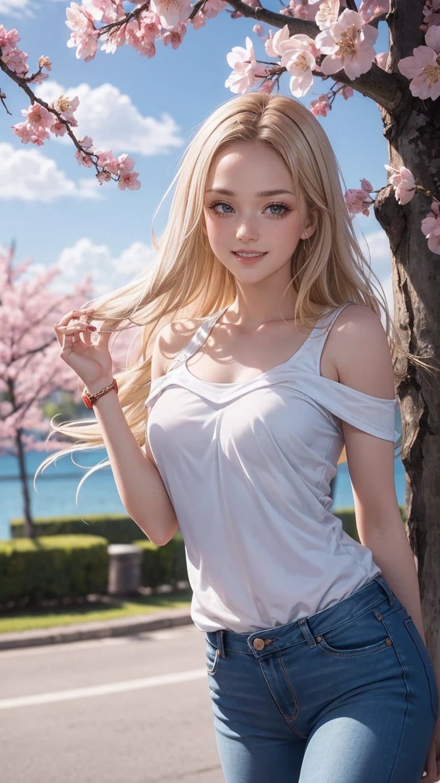 focus on butt、perfect anatomy、ヨーロッパのyoung woman、beautiful blonde hair、small breasts、Realistic human body、attractive ass、young woman、very realistic face、Sorry expression、ultimate beauty、slender body、white skin、(((White tank top and red T-back)))、outdoor、highest quality、best image quality、masterpiece:1.3、portrait、8K、perfect lighting、professional photographer、