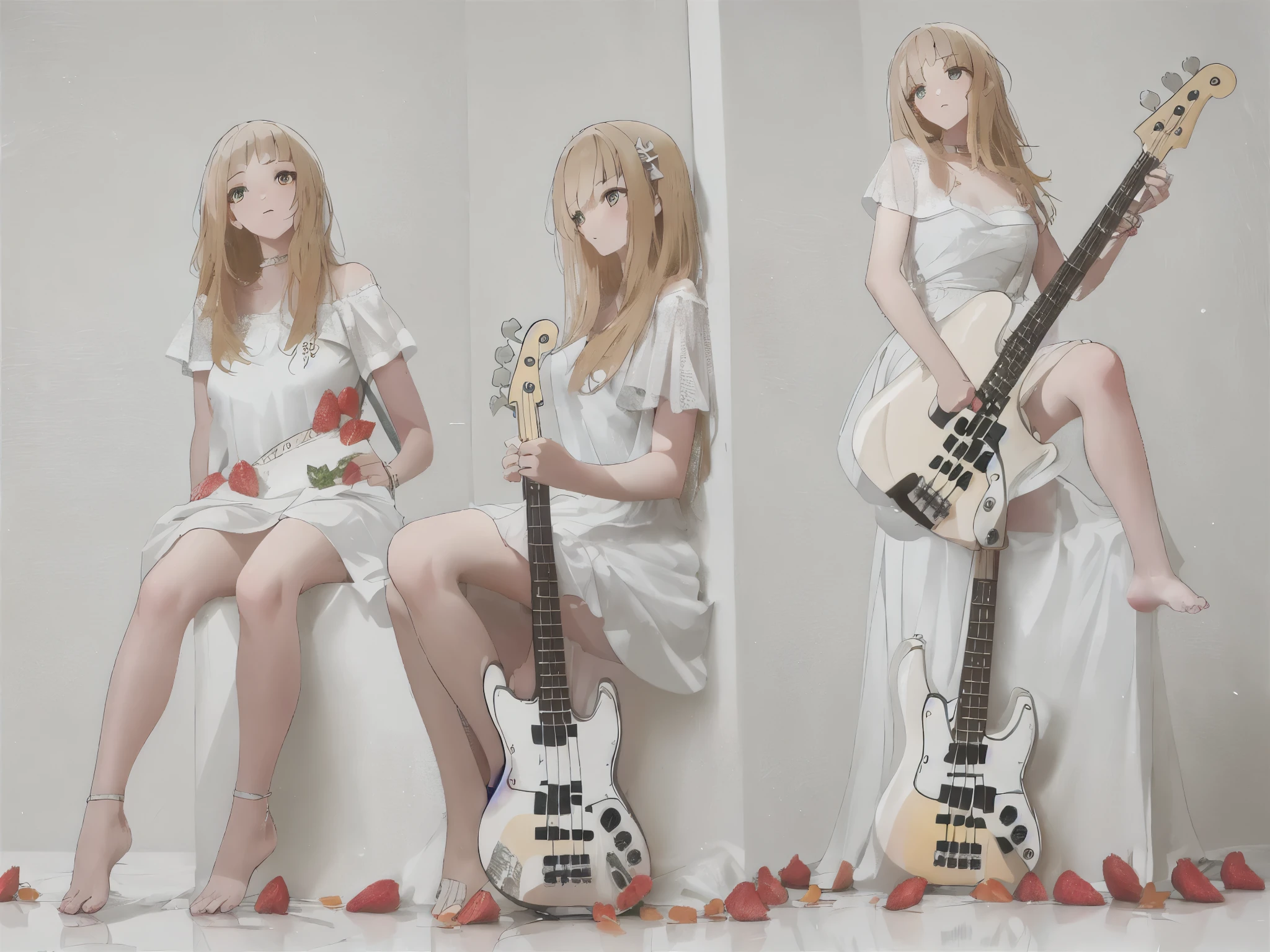 1girl, human ears, strawberry blonde hair, golden eyes, white prom dress, white thigh high, long hair, 3-tones sunburst bass guitar, electric bass guitar, Fender Jazz Bass, Roses on the ground, white background, studio lighting, poster, elegance, sitting post, photoshoot