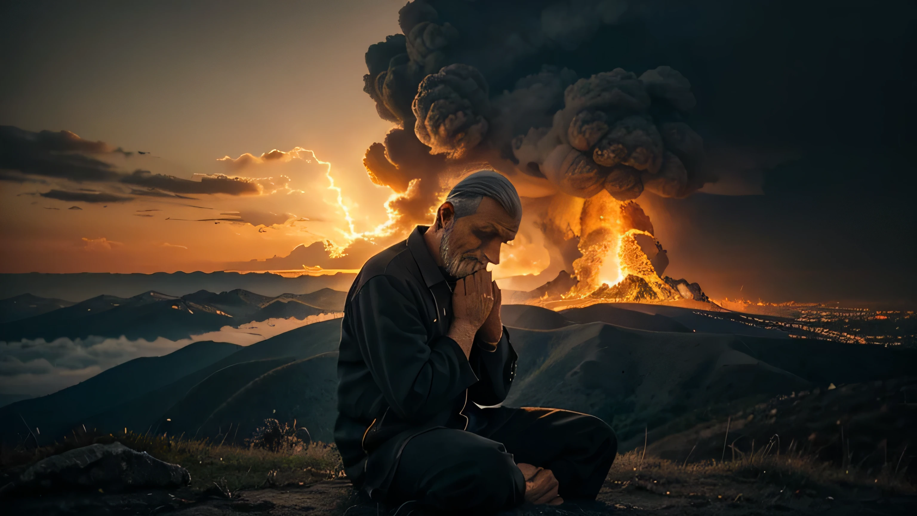horizontal portrait
of an elderly man from the time before Christ praying on top of a mountain, a sky with clouds of fire, fire falling from the sky
