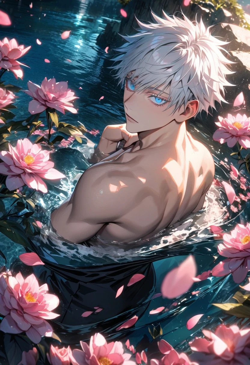Ultra detailed, Highres, absurdres, HDR, Gojou Satoru, white hair with bangs, blue eyes, Jujutsu Kaisen, flowers and pink petals, pink butterflies, water, extremely handsome, 1 man only, bare chest,