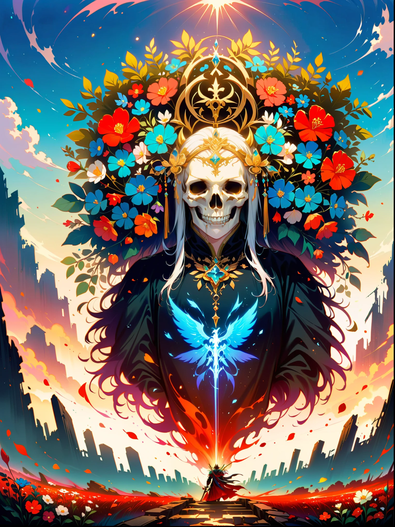 The death knight rides on a white horse through the ruins，Wield a scythe，Harvest the flowers of life for all living beings in the world。However，The distant dawn appears first，New sprouts appear，Symbolizes that death is not the end，It is the beginning of transformation and rebirth.，masterpiece，best quality，The composition is perfect，Very aesthetic，absurd，Super detailed，detail intricate, major, official art, representative work