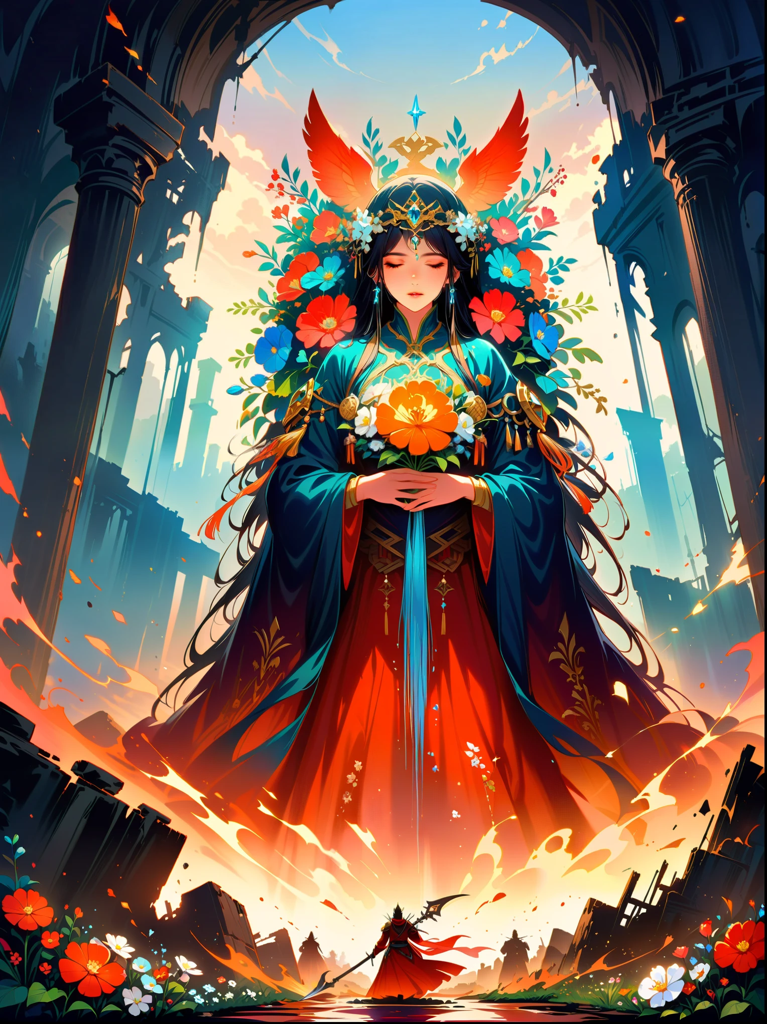 The death knight rides on a white horse through the ruins,Wield a scythe,Harvest the flowers of life for all living beings in the world。However,The distant dawn appears first,New sprouts appear,Symbolizes that death is not the end,It is the beginning of transformation and rebirth.,masterpiece,best quality,The composition is perfect,Very aesthetic,absurd,Super detailed,detail intricate, major, official art, representative work