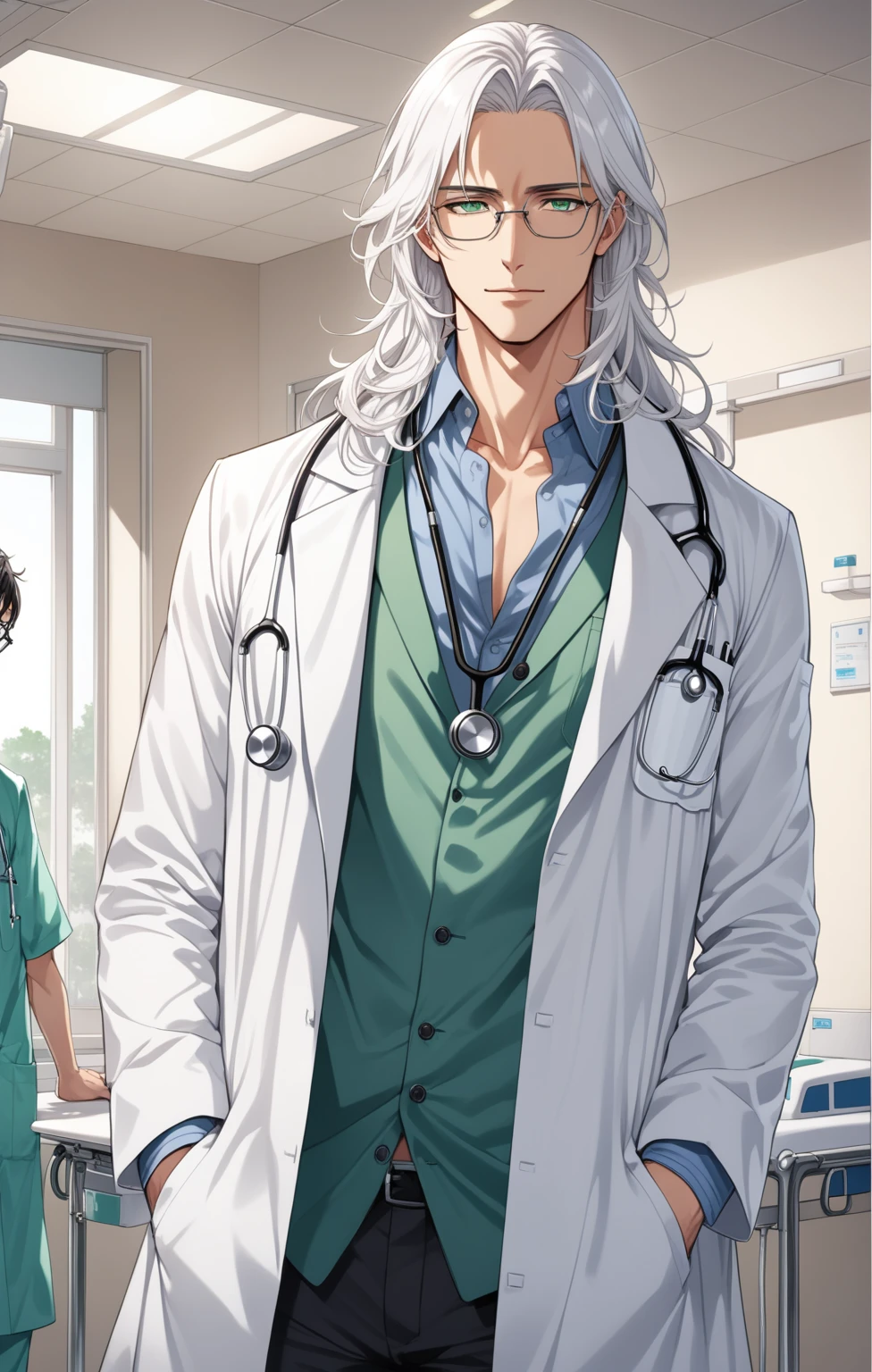 (masterpiece, best quality:1.2), (1boy), solo, 8k, white hair, long hair, glasses, green eyes, handsome male, very detailed, tall, doctor, anime style, at a hospital, white coat