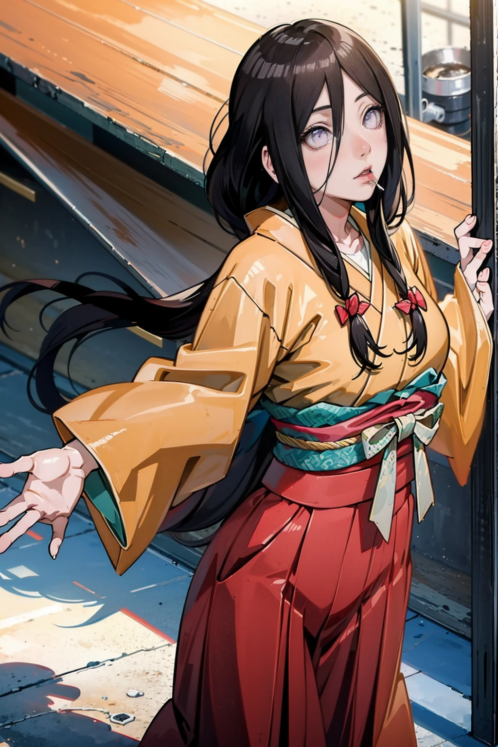 tmasterpiece, hoang lap , (Complicated details), (rich colourful), movie lighting, bust, the Extremely Detailed CG Unity 8K Wallpapers , Hinata flower ratio, 1girll, solo, orange kimono, Red hakama skirt, obi strip, Wide sleeves, looking at viewert, Keep one's mouth shut, ventania, Combat posture, Low hair tied long,dinamic poses