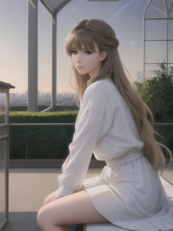 (best quality, masterpiece:1.2),ultra-detailed,realistic:1.37,anime,1girl,young girl,short girl,sci-fi,outer space,outdoor,night,starlit sky,greenhouse,huge structure,biodome,landscape,scenery,horizon,rooftop,sitting on rooftop,wind,gazing into the distance,atmospheric lighting,focus only,closed,from the side,shallow depth of field,bokeh