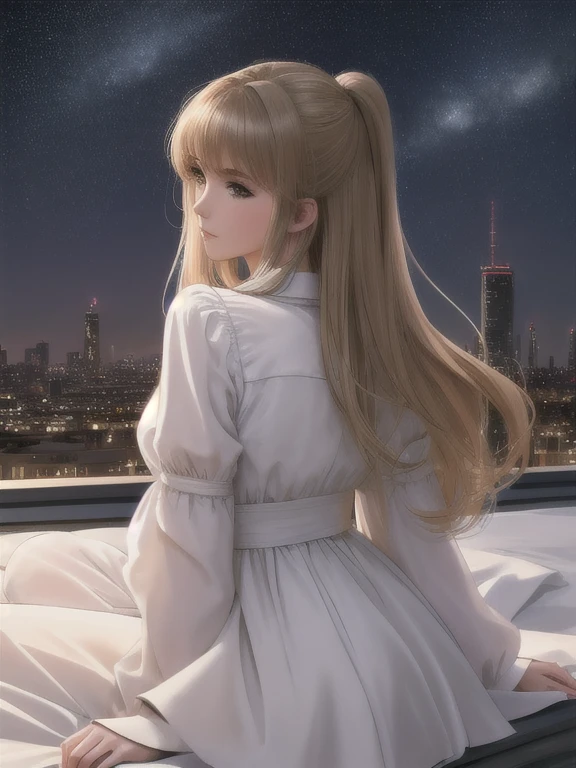 (best quality, masterpiece:1.2),ultra-detailed,realistic:1.37,anime,1girl,young girl,short girl,sci-fi,outer space,outdoor,night,starlit sky,greenhouse,huge structure,biodome,landscape,scenery,horizon,rooftop,sitting on rooftop,wind,gazing into the distance,atmospheric lighting,focus only,closed,from the side,shallow depth of field,bokeh