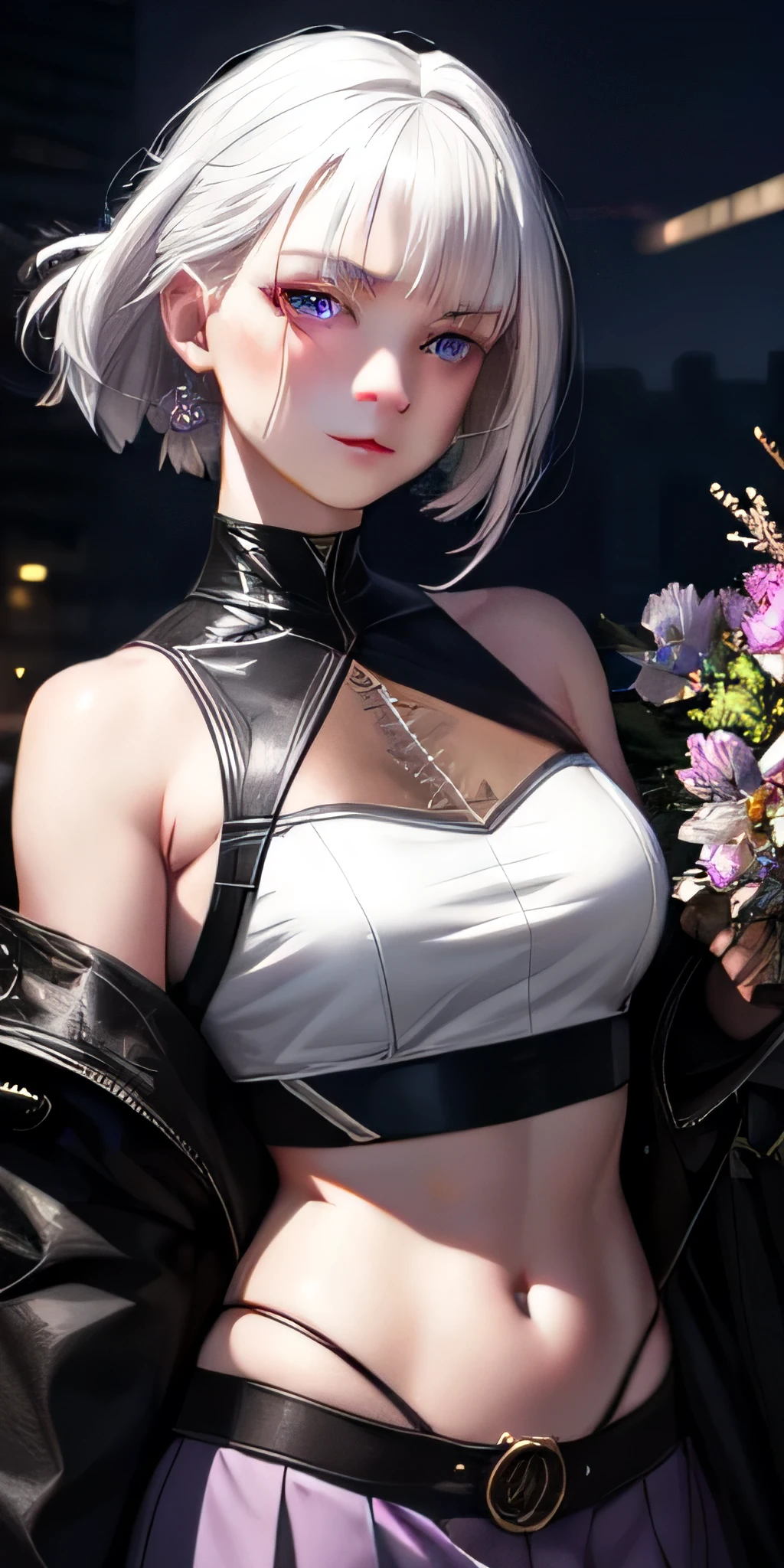 realistic, 1girl, white hair, purple eyes, glowing eyes, crop top, skirt, parted lips, blush, night, flowers, sun, sunlight,