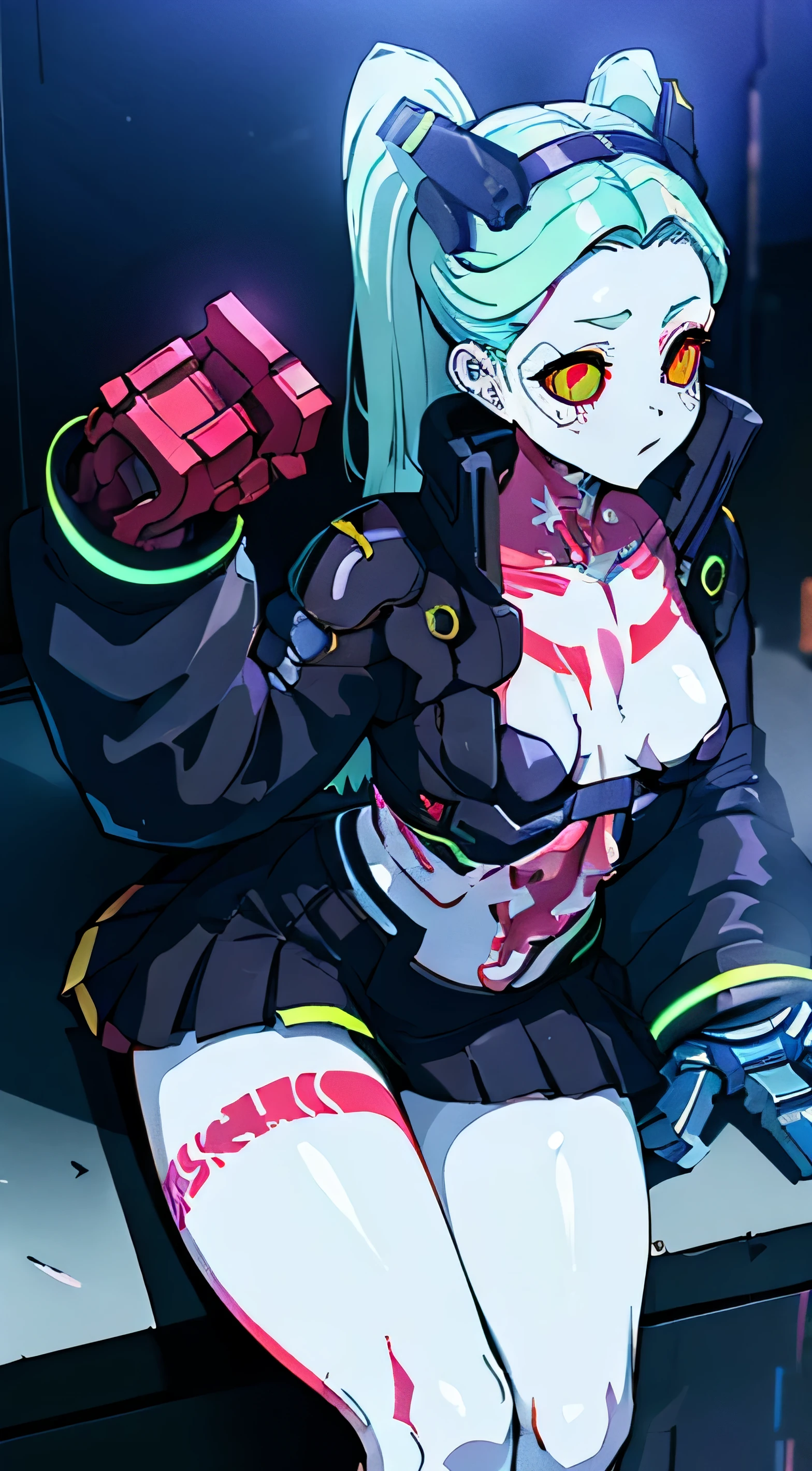 high resolution, obra-prima, melhor qualidade, 1girl, rebecca \(cyberpunk\), yamanaka ino, tattoo, sitting, roupa futurista, skirt, estilo cyberpunk neon, ao fundo cidade cyberpunk a noite, pele finamente detalhada, seios enormes, pernas muito musculosas