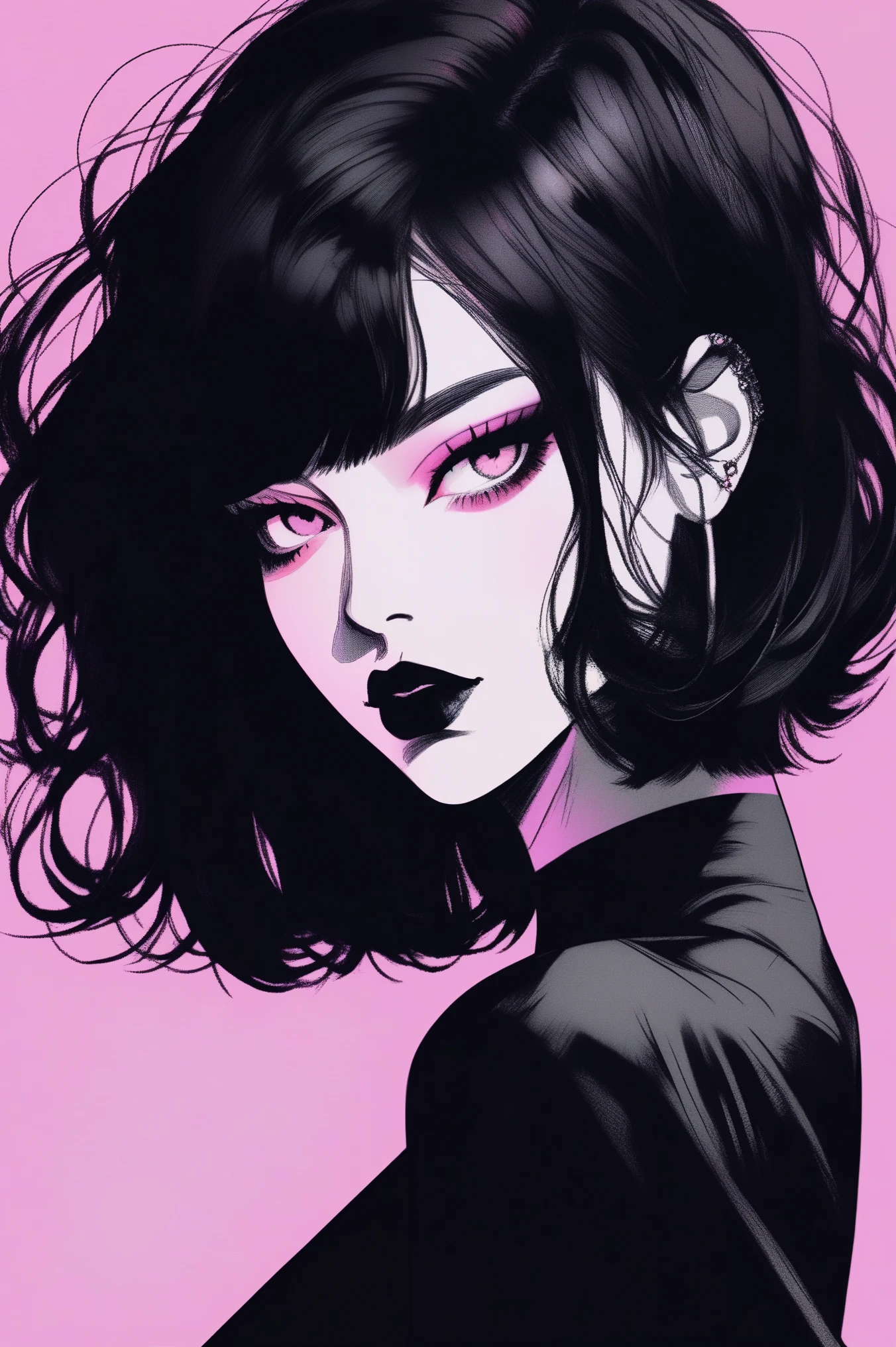 (best quality, sketch:1.2),realistic,illustrator,anime,1 girl, detailed lips, black dress,custom, (background dark monochrome),neon hair,textured cropping, masterpiece, style retro classic, noir dark, art, sketch book, (bob hair black:1.75 neon:1.32), bad women , dark monochrome background