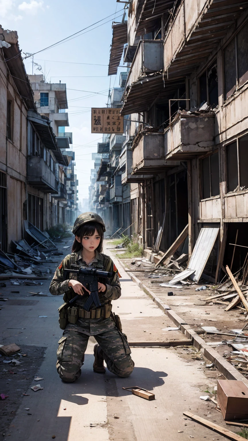urban warfare、female soldier in ruins