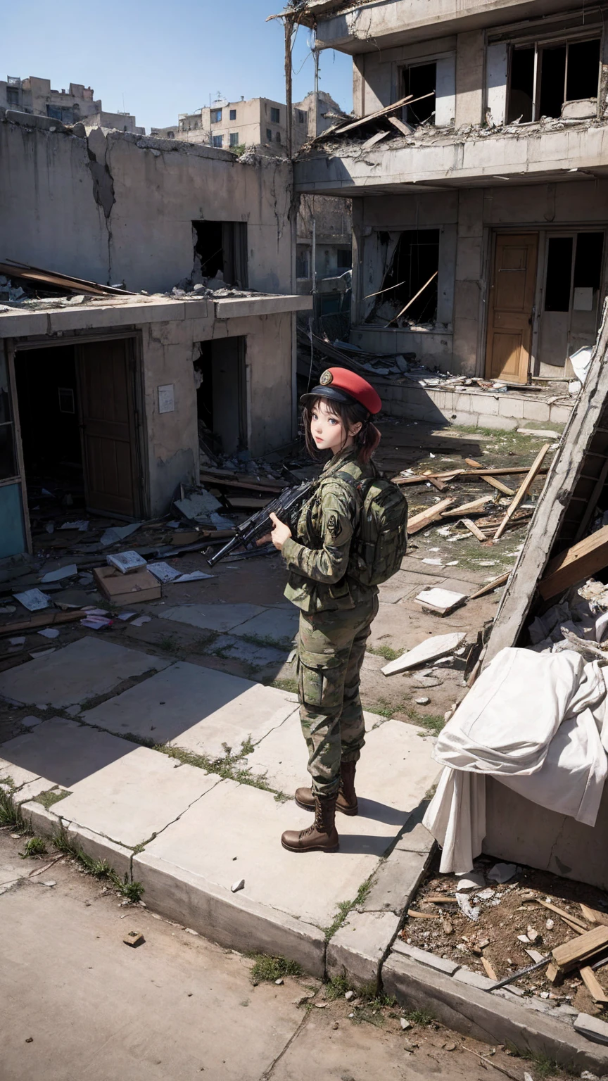 urban warfare、female soldier in ruins