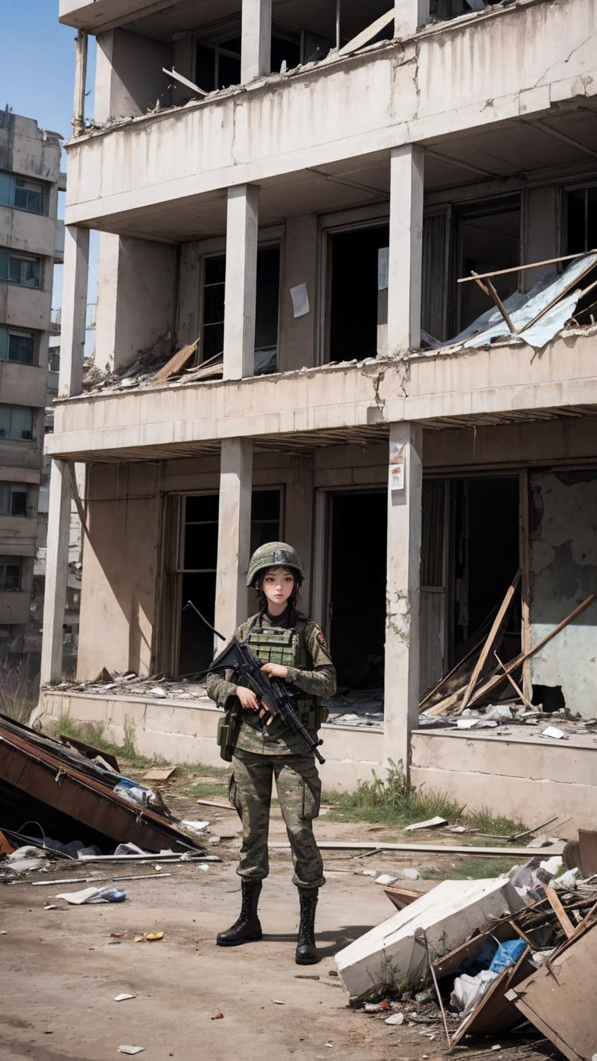 urban warfare、female soldier in ruins