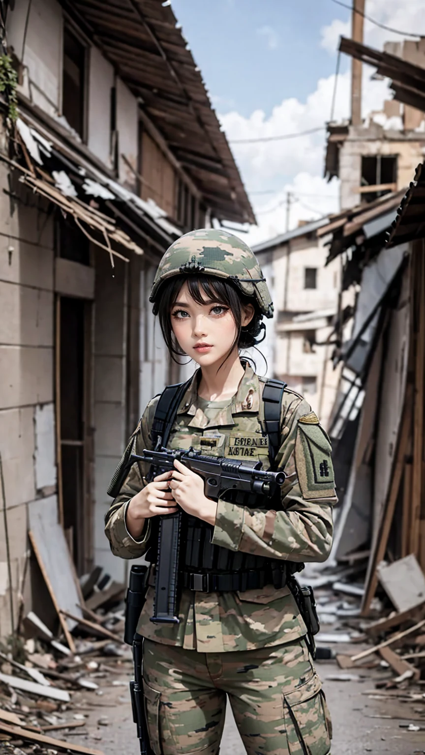 urban warfare、female soldier in ruins
