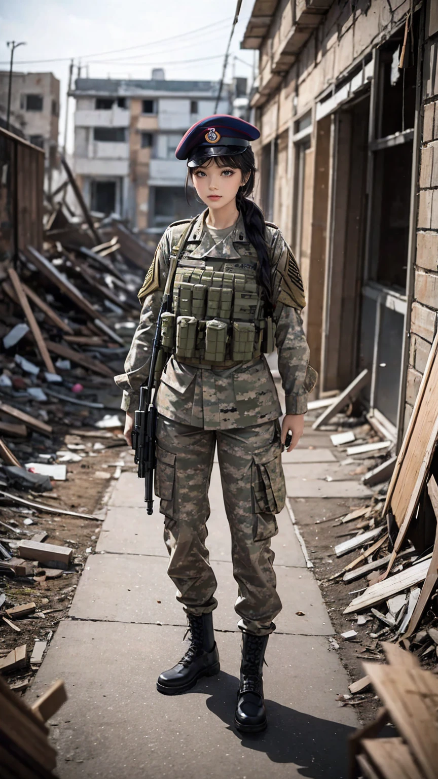 urban warfare、female soldier in ruins