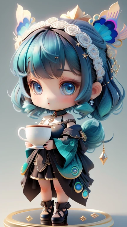 plastican00D, 1 girl in, Chibi, Dopamine color matching, Double DiamonD, Peacock blue, Luxurious fabrics, Dither, ProfounD,HolDing a coffee cup, clean backDrop３D、4ｄ