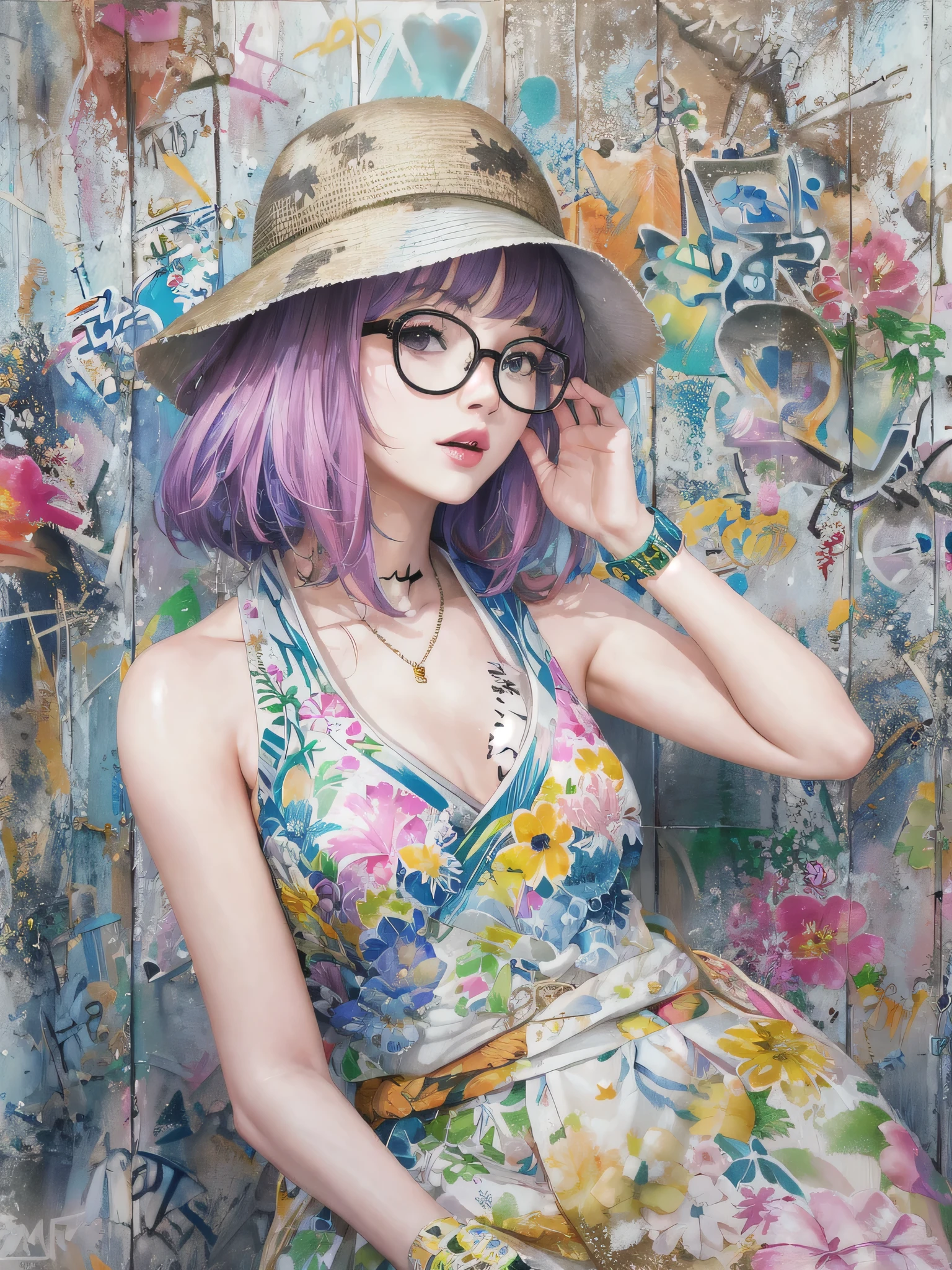 8K quality, watercolor painting, stylish design, (((The strongest beautiful girl of all time))), (((Japanese)))、Idol、clear, stylish glasses, Fashionable hats, (((highest quality))), bob hair, put your hand on the wall, HDR, ((Detailed details)), stylish fashion, detailed clothing texture, (((graffiti art))), colorful hair, ((masterpiece))、((Super detailed))、colorful flowers、scent of spring、No bra、No panties