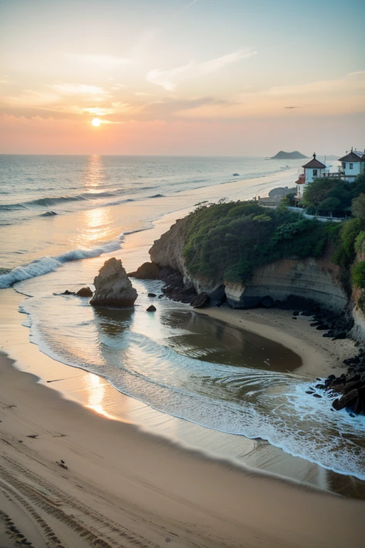 ((best quality)), ((masterpiece)), (detailed), landscape photography,Shenzhou Peninsula Lighthouse, Hainan Island,sunset,beach,waves