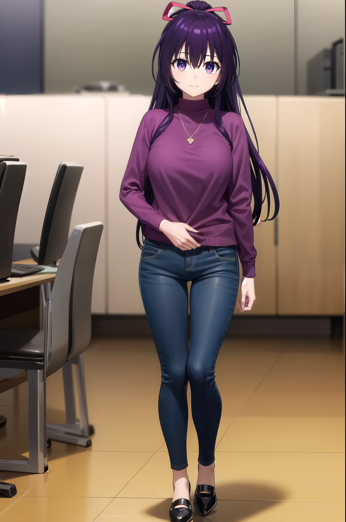tohkayatogami, tohka yatogami casual, long hair, purple hair, alluringly smile , knit sweater ,tight sweater, horizontal line on sweater, turtle neck, ,necklace, ribbon , denim trousers, purse (purple eyes:1.1), hair ribbon, ponytail, purple hair, white ribbon, g cup breasts, bewitched thighs, slender waist, plump butt , high heels
BREAK ,
BREAK indoors, office, alone,
BREAK looking at viewer, elegant poses, sitting on desk , leaning full body view, head to toe view,
BREAK (masterpiece:1.2), best quality, high resolution, unity 8k wallpaper, (illustration:0.8), (beautiful detailed eyes:1.6), extremely detailed face, perfect lighting, extremely detailed CG, (perfect hands, perfect anatomy),