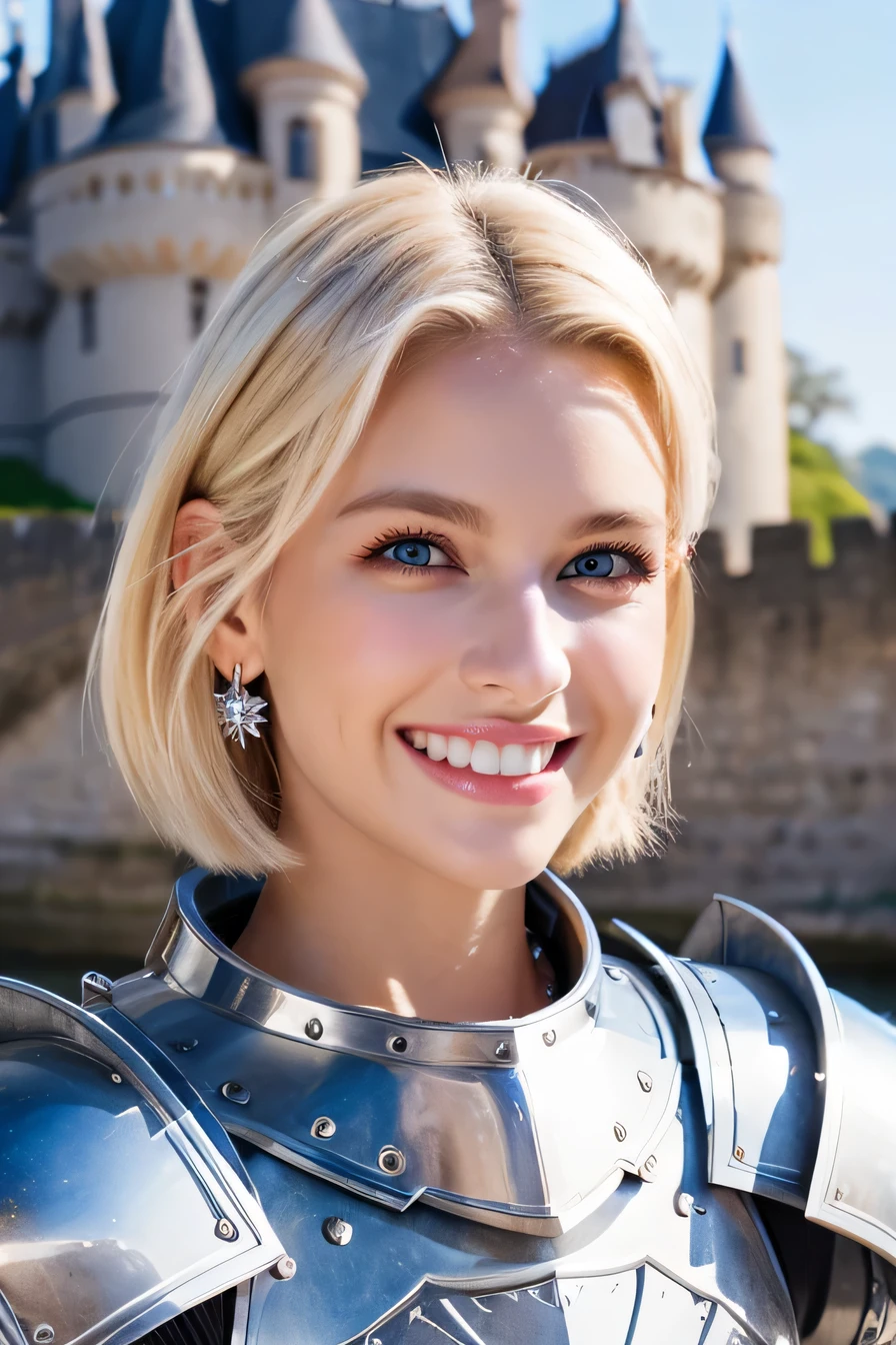 8K、highest quality、female knight、The background is a castle、Luxurious Silver Armor、heavy equipment、hairstyle short cut、smile、beautiful teeth、full body photo、ear piercing、blonde、white woman、blue eyes、