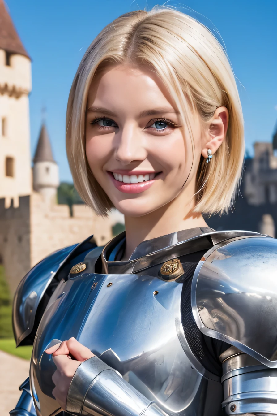 8K、highest quality、female knight、The background is a castle、Luxurious Silver Armor、heavy equipment、hairstyle short cut、smile、beautiful teeth、full body photo、ear piercing、blonde、white woman、blue eyes、
