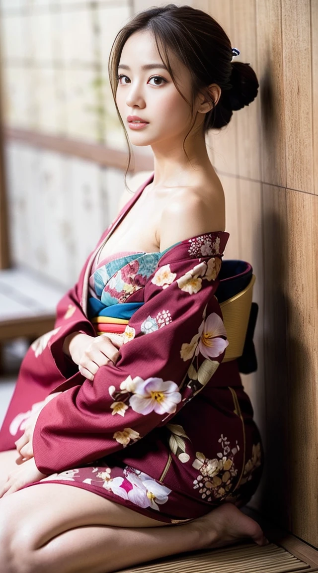 Tabletop, Highest quality, shape, Very detailed, finely, High resolution, 8k wallpaper, 完璧なダイナミックな構shape, Beautiful and detailed, kimono, Off the shoulder, Cleavage, whole body