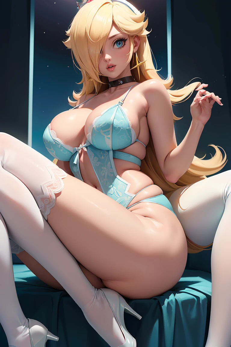 (best quality). (Ultra Detalhado). (1girl), Olhando para o Viewer. (Antecedentes detalhados). belos olhos detalhados. rosto delicado e bonito. (high saturation), seios grandes, droopy breasts, (((sexy blue lingerie))), (((white stockings))), (((long legs))), (((Hot marked collarbones))), (((breasts Focus)))