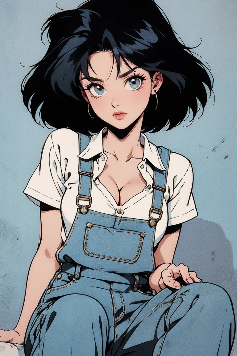 anime girl, 90s anime, vintage classic anime aesthetic, pink overalls, white shirt, short overalls, long black hair, cleavage, dinamic poses