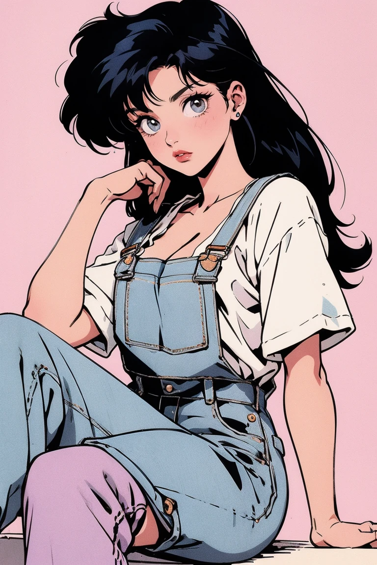 anime girl, 90s anime, vintage classic anime aesthetic, pink overalls, white shirt, short overalls, long black hair, cleavage, dinamic poses, sitting