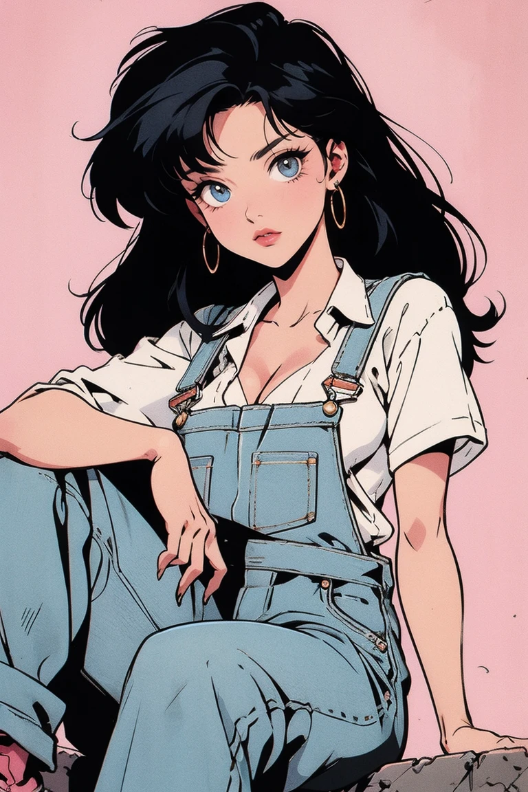 anime girl, 90s anime, vintage classic anime aesthetic, pink overalls, white shirt, short overalls, long black hair, cleavage, dinamic poses, sitting