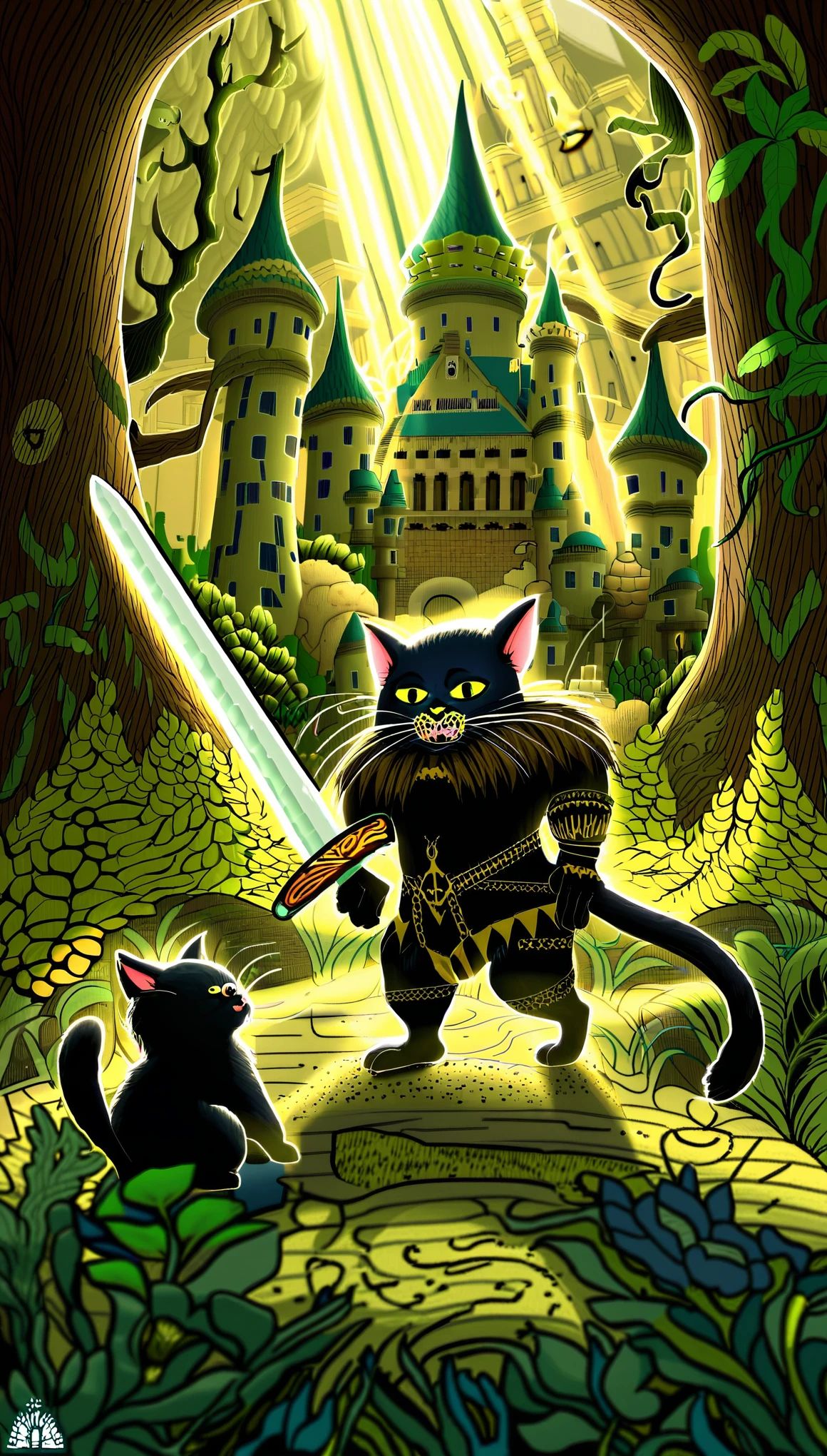 super deformed, furry, funny, personified, beast, best quality, super fine, 16k, incredibly absurdres, extremely detailed, cool black cat knight holds up his sword in front of a castle, in the forest, fantasy world image, fantastic and mysterious, sunlight shining through, blend art, mixture art, design art