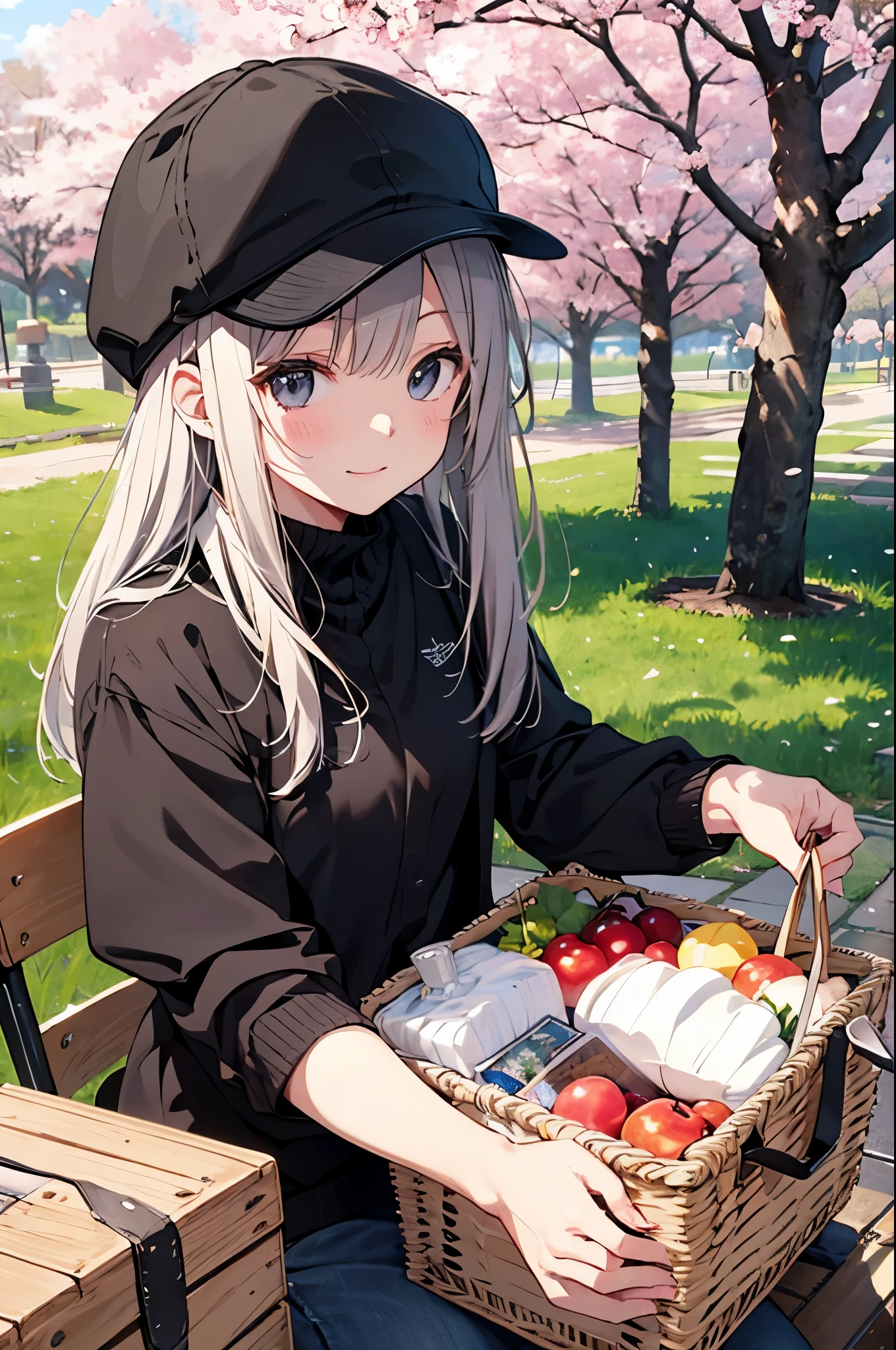 (Pretty sister:1.3)、spring atmosphere、noon、aggressive、cherry blossoms、picnic、1-lens reflex camera、garden、Newsboy hat