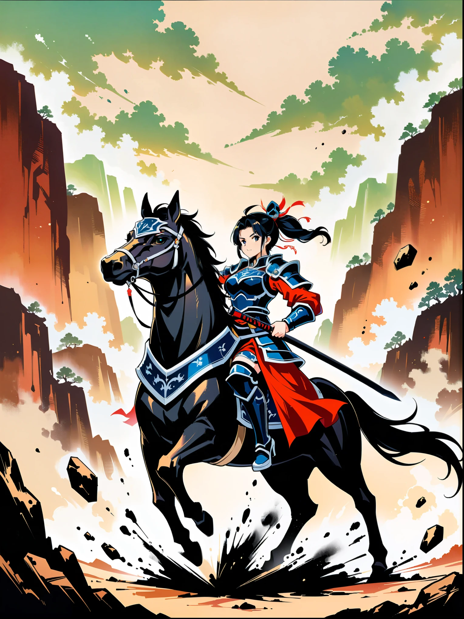 Ink painting,((imagine)),((whole body)),Beautiful woman wearing dark blue Warring States armor, on a black horse, 机械手臂握着长sword, A desert behind you,sword,Flying sand and rocks, Ink martial arts style, (anatomically correct),Ultra HD resolution,Freehand style,majestic,Natural light