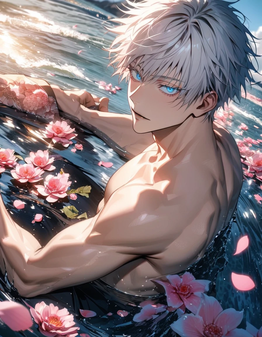 Ultra detailed, Highres, absurdres, HDR, Gojou Satoru, white hair with bangs, blue eyes, Jujutsu Kaisen, flowers and pink petals, pink butterflies, water, extremely handsome, 1 man only, bare chest