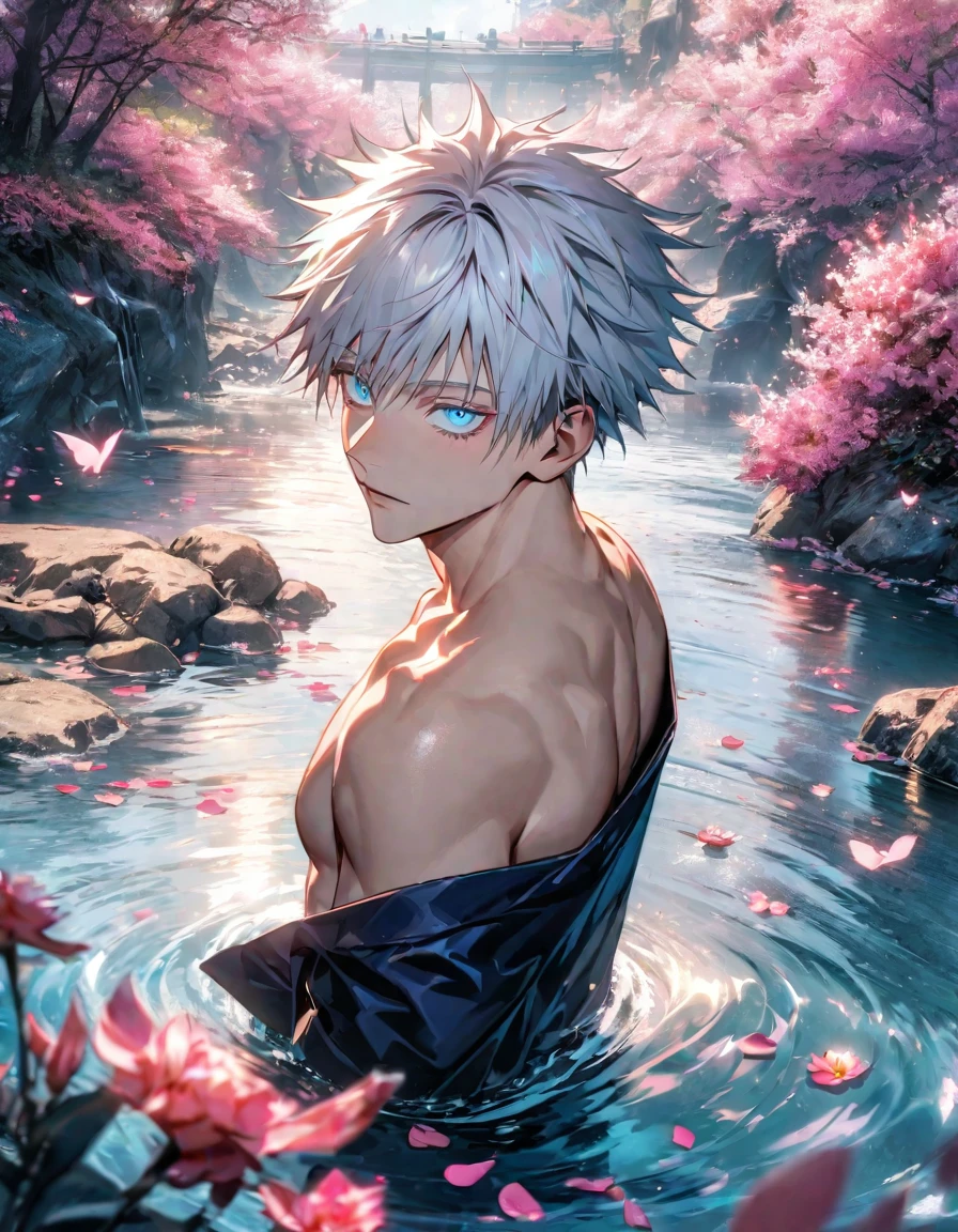 Ultra detailed, Highres, absurdres, HDR, Gojou Satoru, white hair with bangs, blue eyes, Jujutsu Kaisen, flowers and pink petals, pink butterflies, water, extremely handsome, 1 man only, bare chest