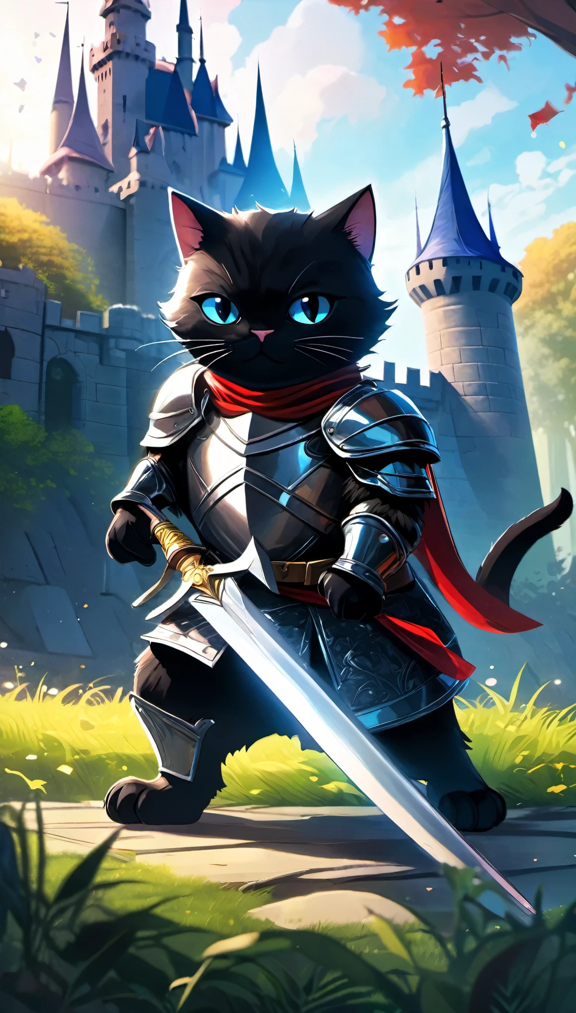 super deformed, furry, funny, personified, beast, best quality, super fine, 16k, incredibly absurdres, extremely detailed, cool black cat knight holds up his sword in front of a castle, in the forest, fantasy world image, fantastic and mysterious, sunlight shining through, blend art, mixture art, design art