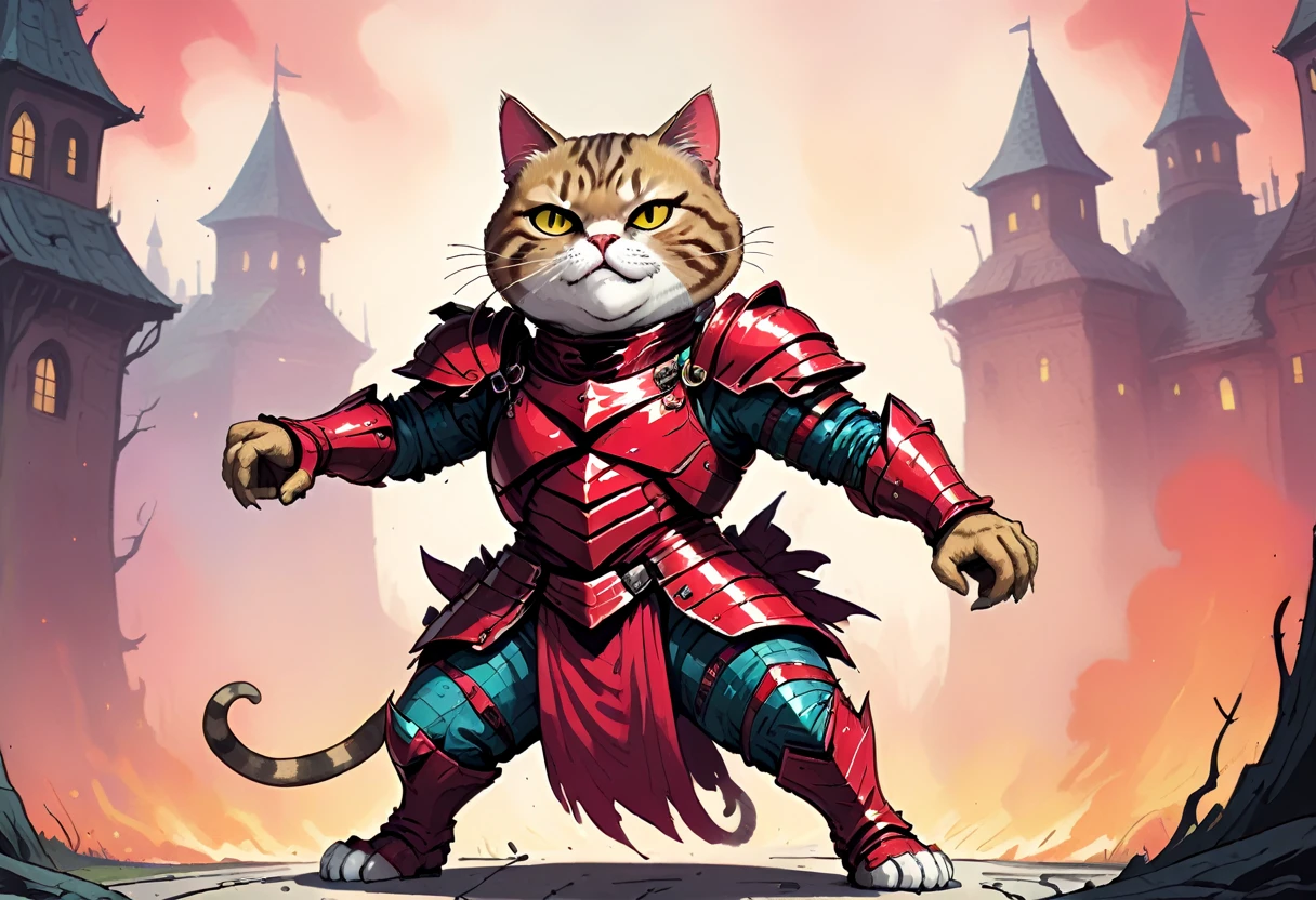 illustrate hyper maximal, intense, strange, a wordless, single image with unhinged, ridiculous, cartoonish, excessive, contorted, skewen hilarity postmeme expression, visually hilarious, cohesive, conveying overwhelming joy, overjoyed, cel animation, distorted contorted proportions of rotoscoped Tabby chonky cat wearing crimson knight armor outfit in expressive John Kricfalusi hand drawn art style, with threatening aura, disgustingly cool, vile boogie dancing, spooky, skewed,